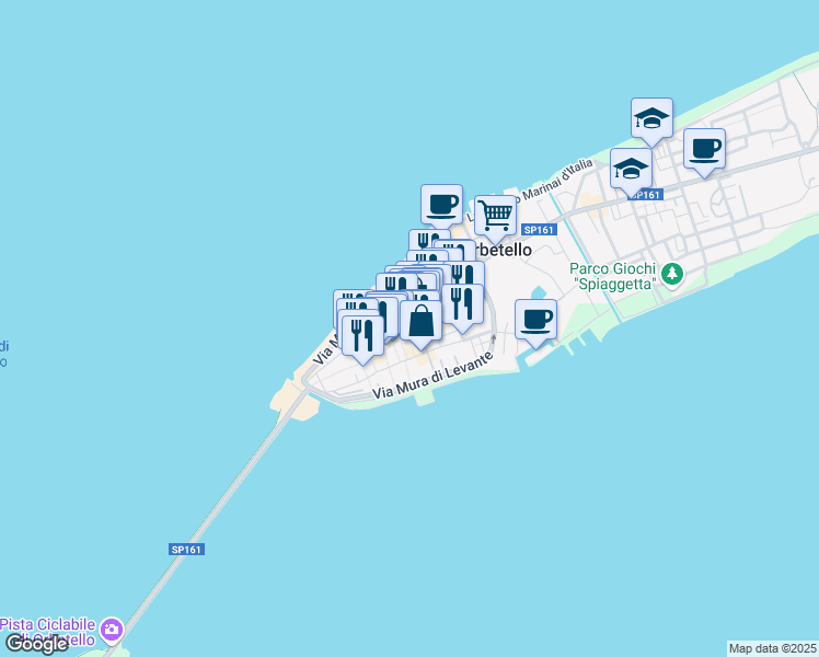 map of restaurants, bars, coffee shops, grocery stores, and more near 1 Via Calametti in Orbetello