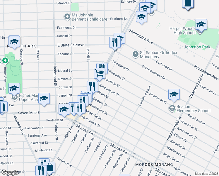 map of restaurants, bars, coffee shops, grocery stores, and more near 18572 Roscommon Street in Harper Woods