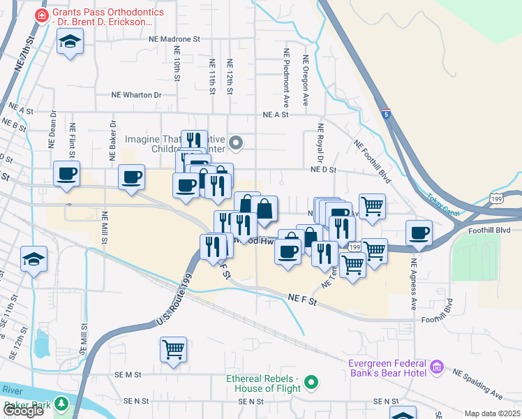 map of restaurants, bars, coffee shops, grocery stores, and more near 1702 Northeast Fairview Avenue in Grants Pass