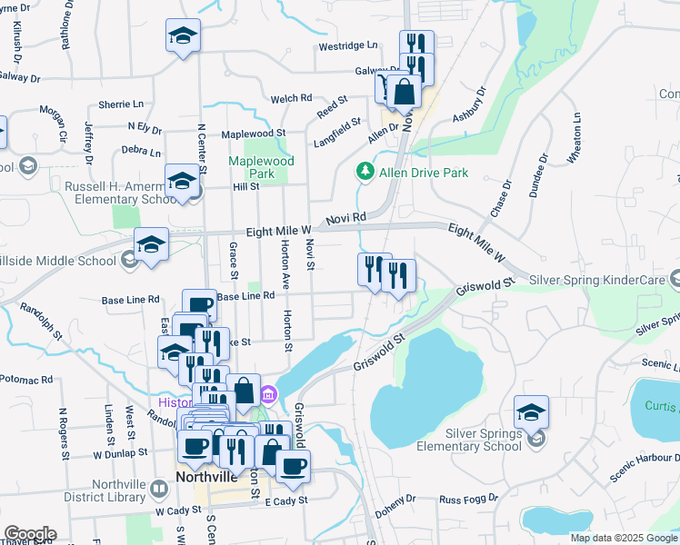 map of restaurants, bars, coffee shops, grocery stores, and more near 535 Base Line Road in Northville