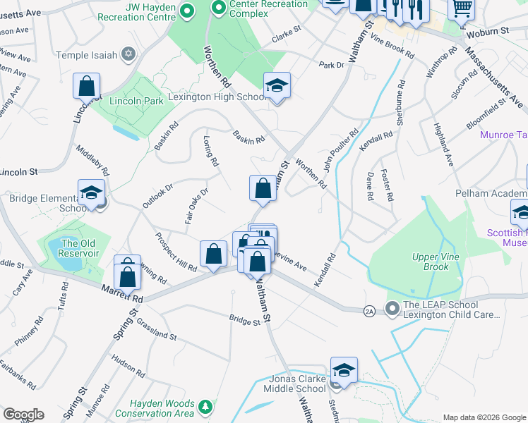 map of restaurants, bars, coffee shops, grocery stores, and more near 312 Waltham Street in Lexington