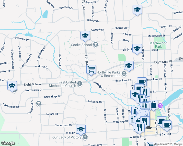 map of restaurants, bars, coffee shops, grocery stores, and more near 20810 Taft Road in Northville