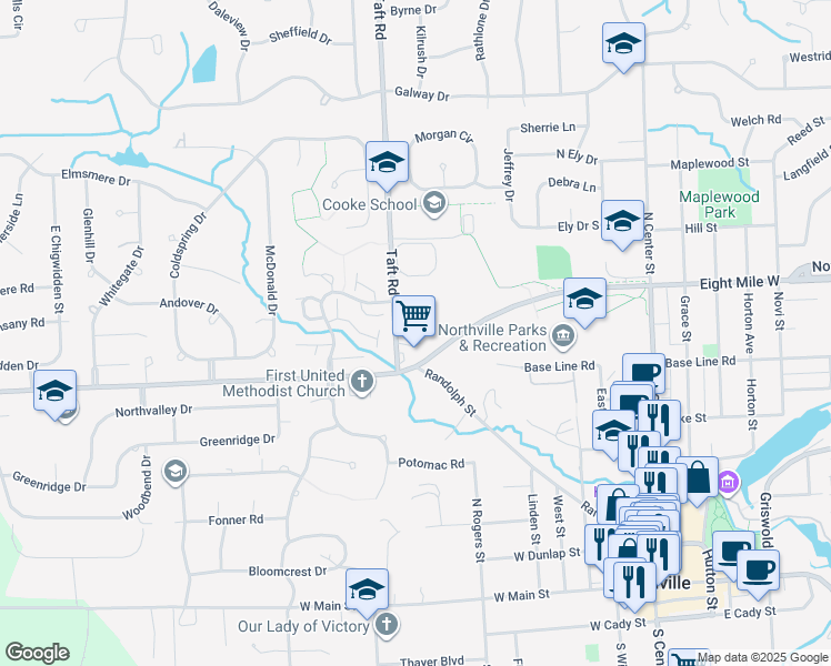 map of restaurants, bars, coffee shops, grocery stores, and more near in Northville