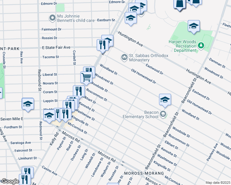 map of restaurants, bars, coffee shops, grocery stores, and more near 18811 Woodside Street in Harper Woods