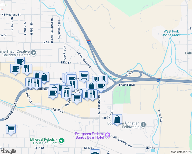 map of restaurants, bars, coffee shops, grocery stores, and more near 2175 Northeast Fairview Avenue in Grants Pass