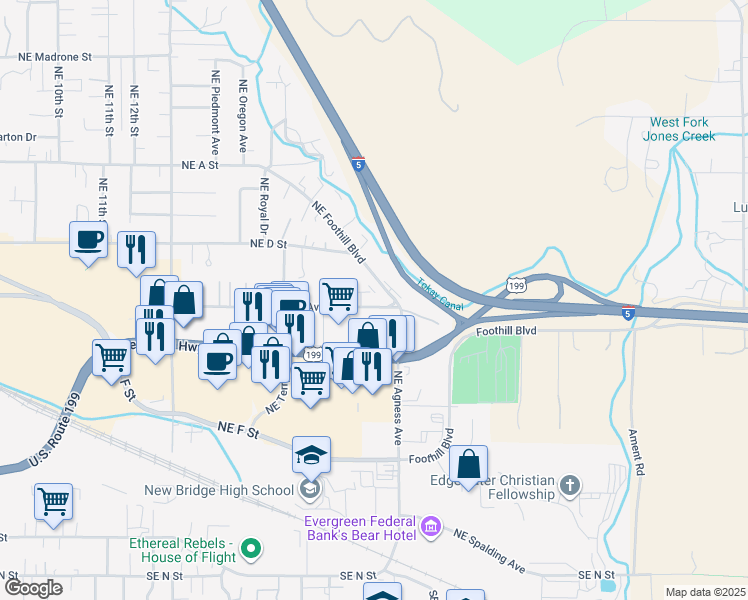 map of restaurants, bars, coffee shops, grocery stores, and more near 2175 Northeast Fairview Avenue in Grants Pass