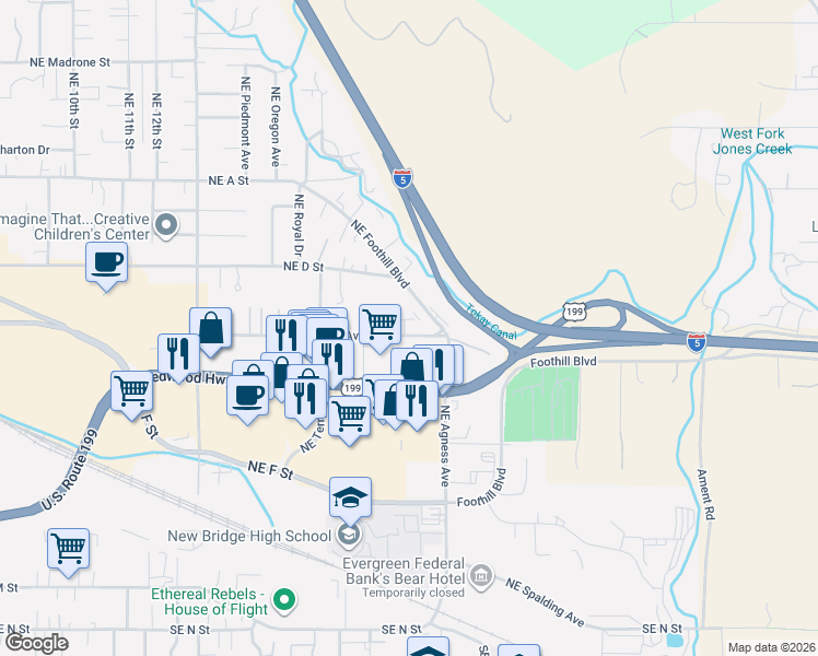 map of restaurants, bars, coffee shops, grocery stores, and more near 2081-2101 Northeast Fairview Avenue in Grants Pass