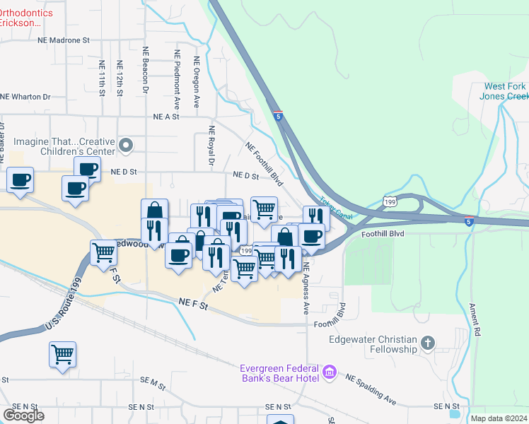 map of restaurants, bars, coffee shops, grocery stores, and more near 2081-2101 Northeast Fairview Avenue in Grants Pass