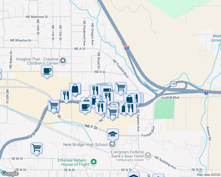 map of restaurants, bars, coffee shops, grocery stores, and more near 2008 Northeast Fairview Avenue in Grants Pass