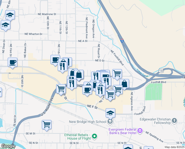 map of restaurants, bars, coffee shops, grocery stores, and more near 1817 Northeast Fairview Avenue in Grants Pass