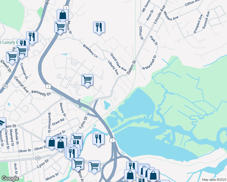 map of restaurants, bars, coffee shops, grocery stores, and more near 109 Salem Street in Revere
