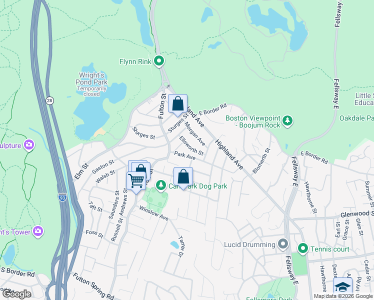 map of restaurants, bars, coffee shops, grocery stores, and more near 28 Park Avenue in Medford