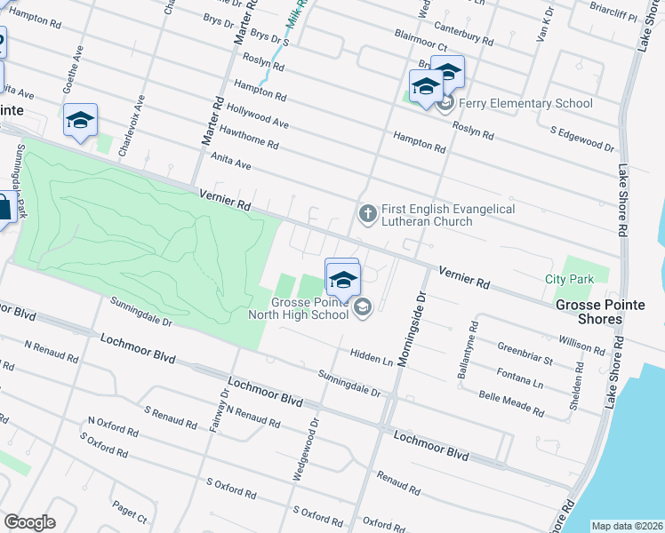 map of restaurants, bars, coffee shops, grocery stores, and more near 20600 Vernier Circle in Grosse Pointe Woods