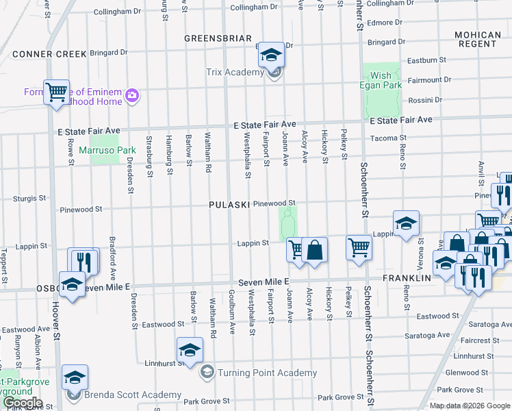 map of restaurants, bars, coffee shops, grocery stores, and more near 19396 Westphalia Street in Detroit
