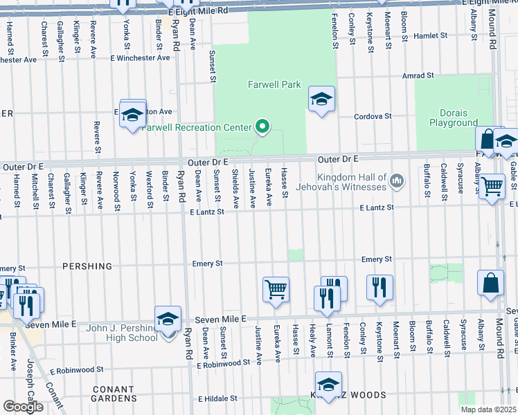 map of restaurants, bars, coffee shops, grocery stores, and more near 19447 Eureka Street in Detroit