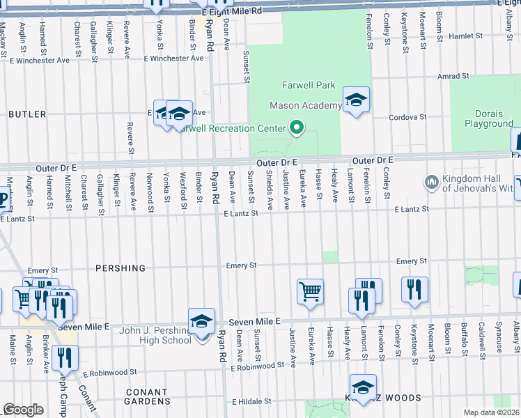 map of restaurants, bars, coffee shops, grocery stores, and more near 19458 Sunset Street in Detroit