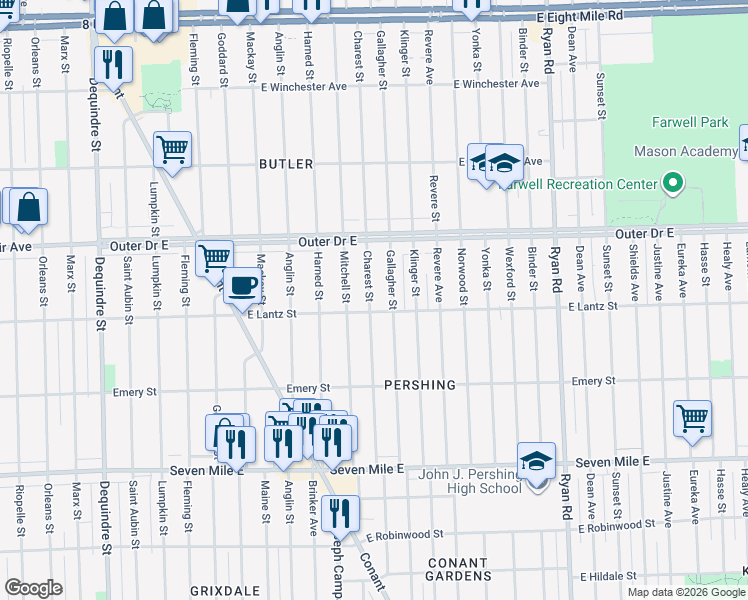 map of restaurants, bars, coffee shops, grocery stores, and more near 1962 Charest Street in Detroit