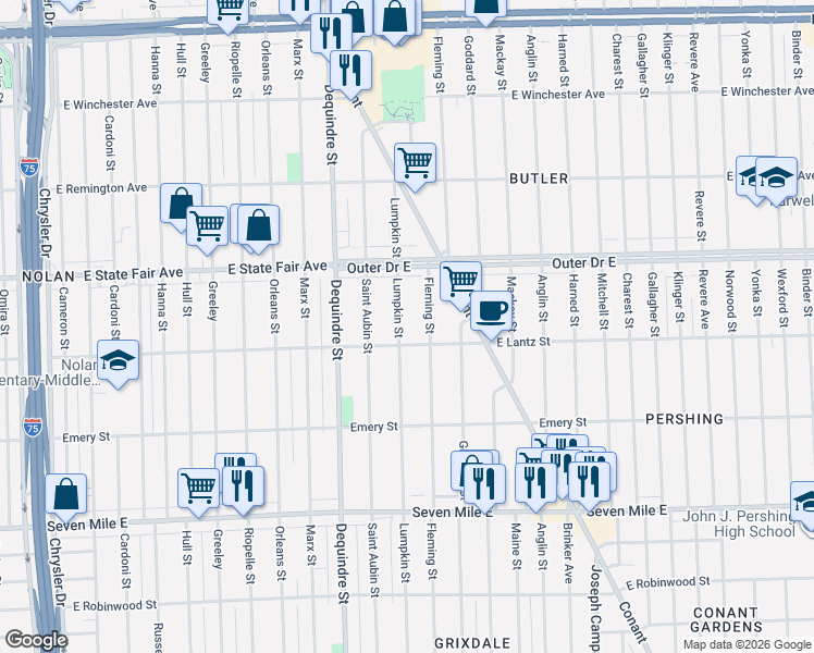 map of restaurants, bars, coffee shops, grocery stores, and more near 19606 Lumpkin Street in Detroit
