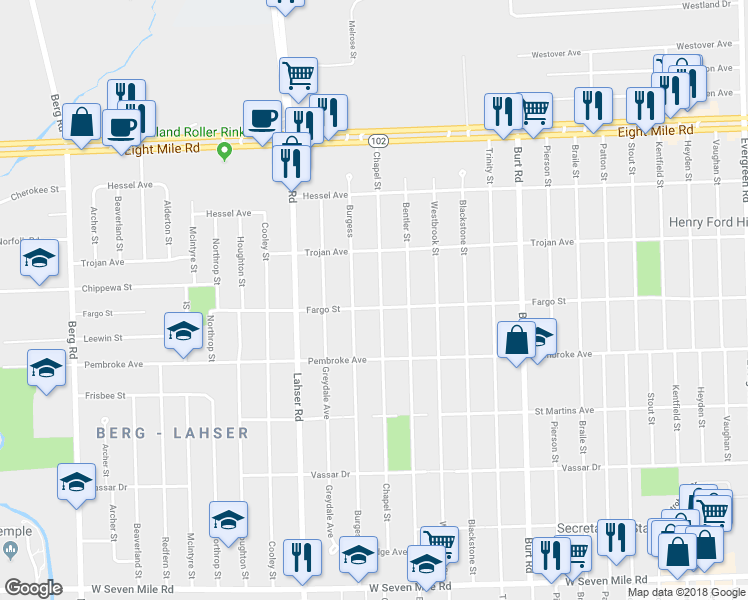 map of restaurants, bars, coffee shops, grocery stores, and more near 19960 Burgess in Detroit