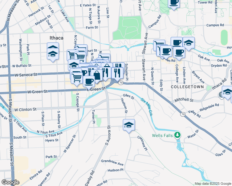map of restaurants, bars, coffee shops, grocery stores, and more near 114 Hudson Street in Ithaca