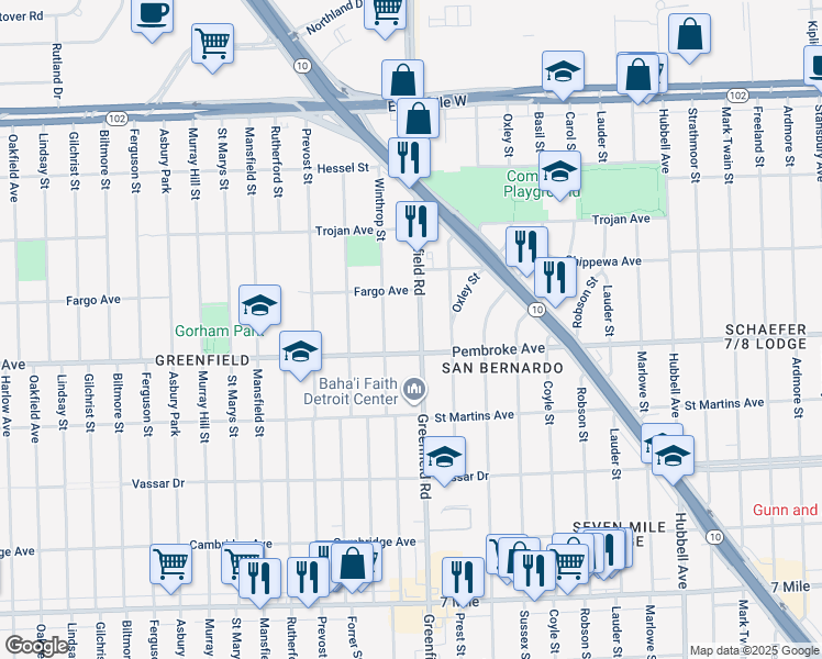 map of restaurants, bars, coffee shops, grocery stores, and more near 19913 Greenfield Road in Detroit