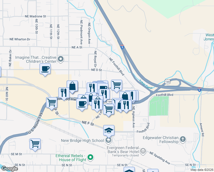 map of restaurants, bars, coffee shops, grocery stores, and more near 2008 Northeast Fairview Avenue in Grants Pass