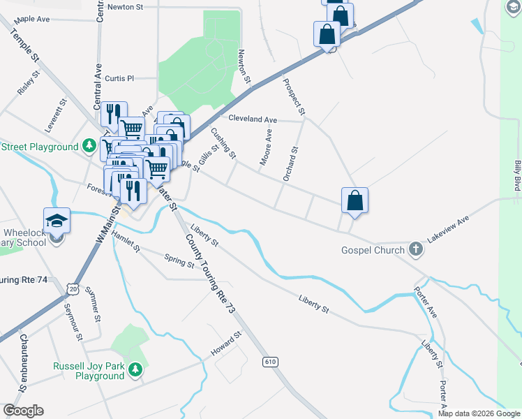 map of restaurants, bars, coffee shops, grocery stores, and more near 129 Eagle Street in Fredonia