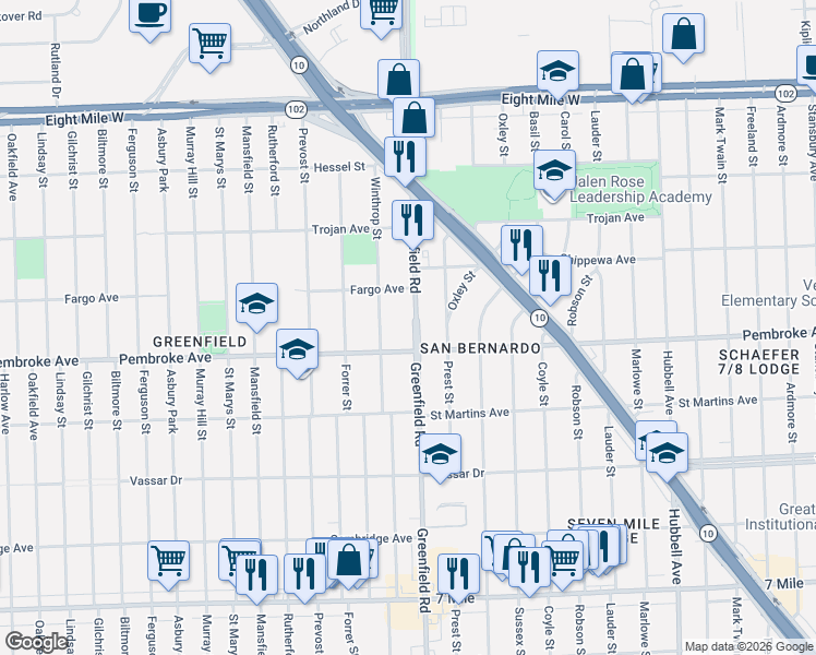 map of restaurants, bars, coffee shops, grocery stores, and more near 19927 Greenfield Road in Detroit