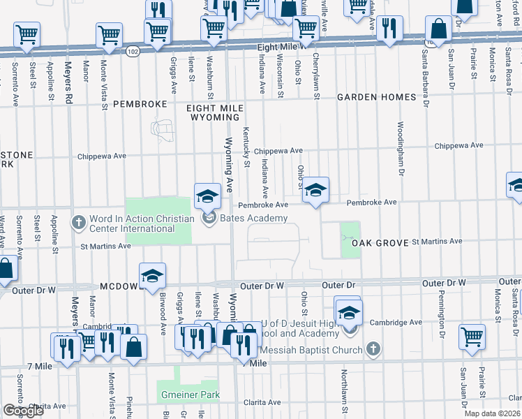 map of restaurants, bars, coffee shops, grocery stores, and more near 19798 Wyoming Avenue in Detroit