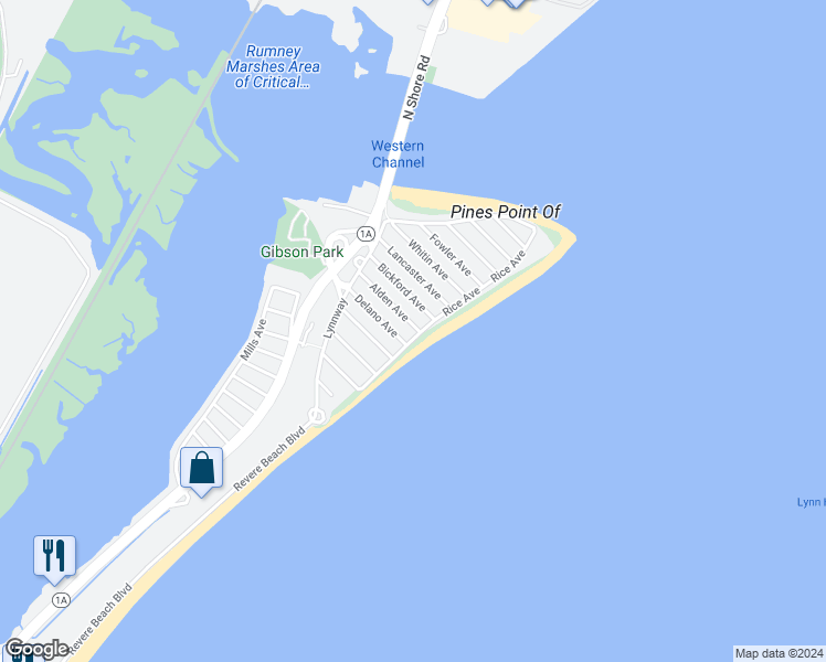 map of restaurants, bars, coffee shops, grocery stores, and more near 325 Rice Avenue in Revere