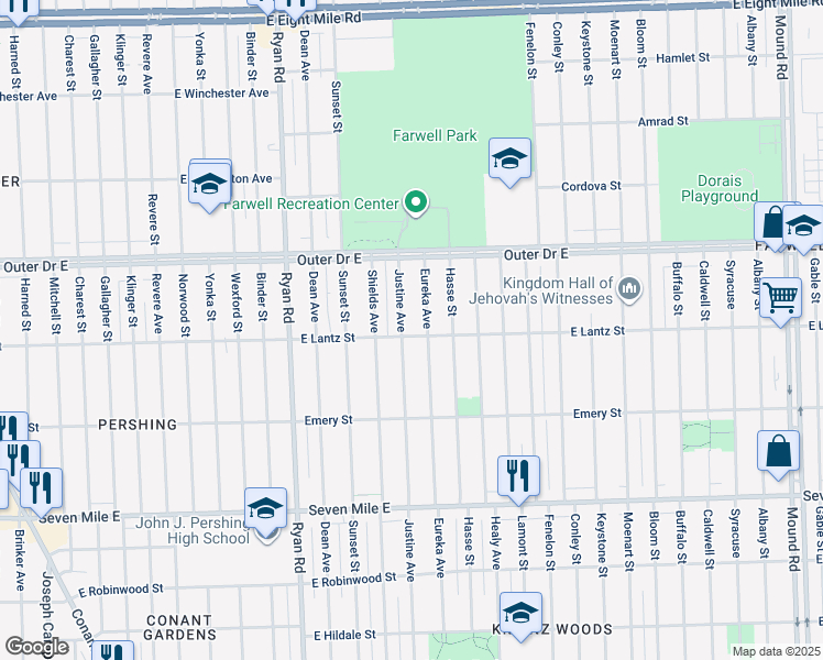 map of restaurants, bars, coffee shops, grocery stores, and more near 19447 Eureka Street in Detroit