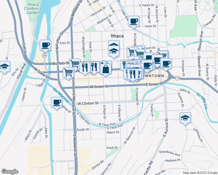 map of restaurants, bars, coffee shops, grocery stores, and more near 405 West Green Street in Ithaca