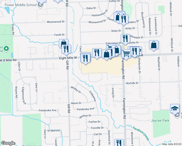 map of restaurants, bars, coffee shops, grocery stores, and more near 33613 Eight Mile Road in Livonia