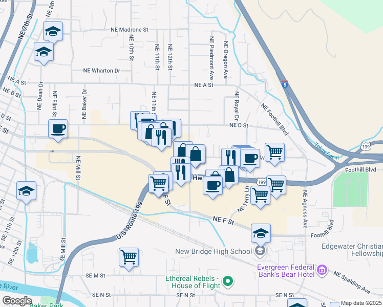 map of restaurants, bars, coffee shops, grocery stores, and more near 1702 Northeast Fairview Avenue in Grants Pass