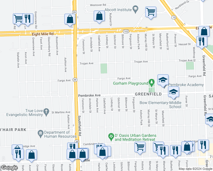 map of restaurants, bars, coffee shops, grocery stores, and more near 19945 Lindsay Street in Detroit