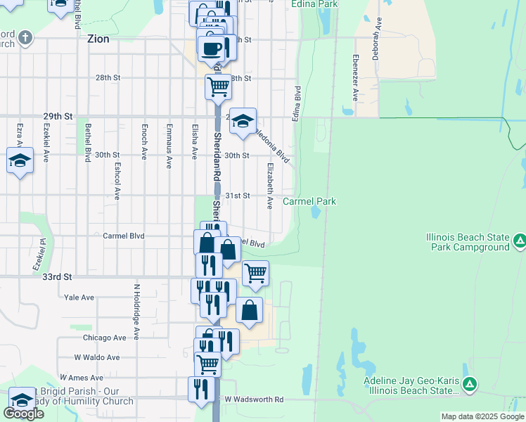 map of restaurants, bars, coffee shops, grocery stores, and more near 3115 Elim Avenue in Zion