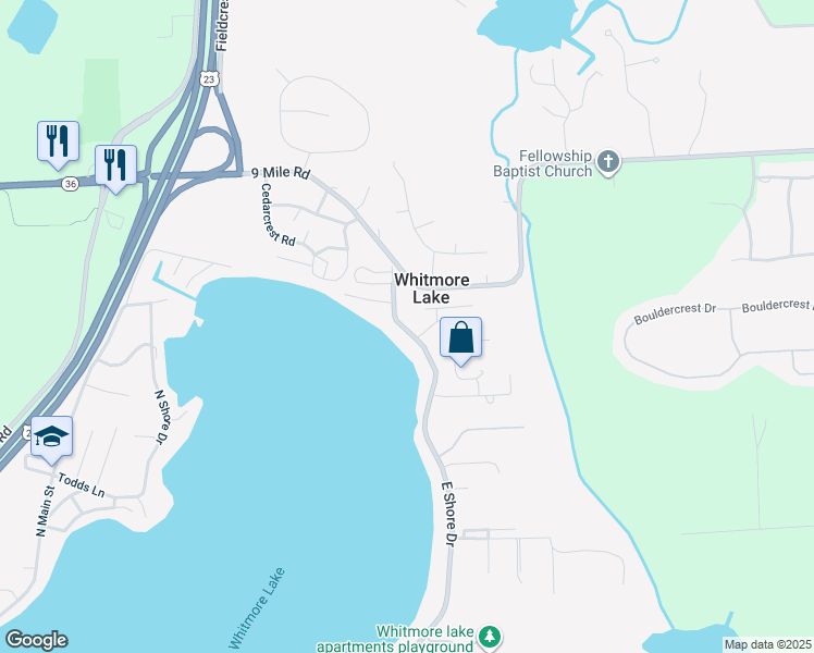 map of restaurants, bars, coffee shops, grocery stores, and more near 11316 East Shore Drive in Whitmore Lake