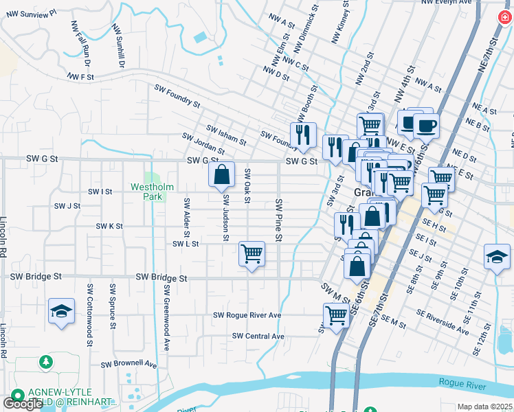 map of restaurants, bars, coffee shops, grocery stores, and more near 728 Southwest J Street in Grants Pass