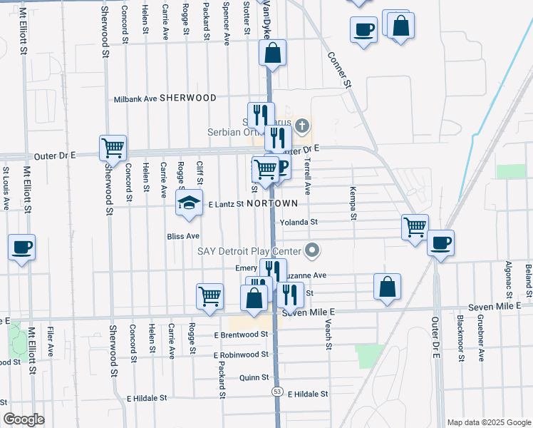 map of restaurants, bars, coffee shops, grocery stores, and more near 19436 Stotter Street in Detroit