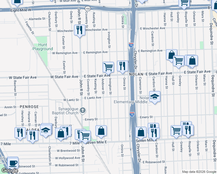 map of restaurants, bars, coffee shops, grocery stores, and more near 19651 Irvington Street in Highland Park