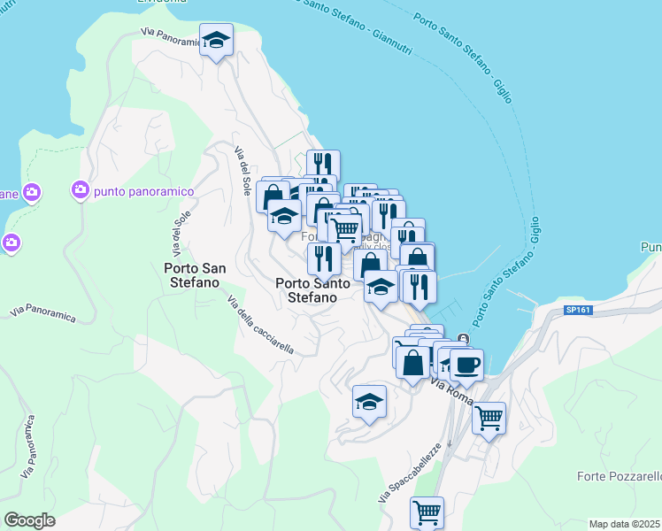 map of restaurants, bars, coffee shops, grocery stores, and more near 8 Via del Mandorlo in Porto Santo Stefano