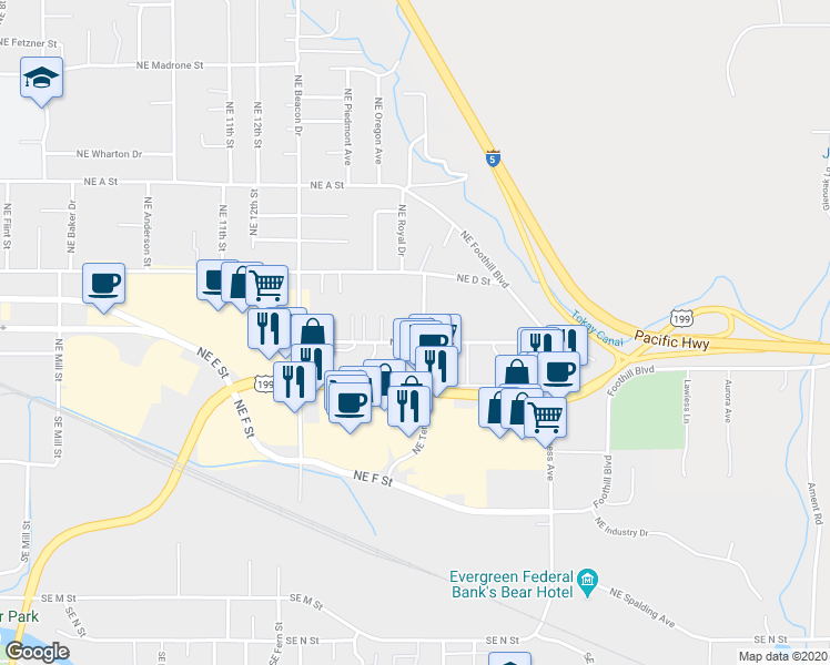 map of restaurants, bars, coffee shops, grocery stores, and more near 304 A Northeast Terry Lane in Grants Pass
