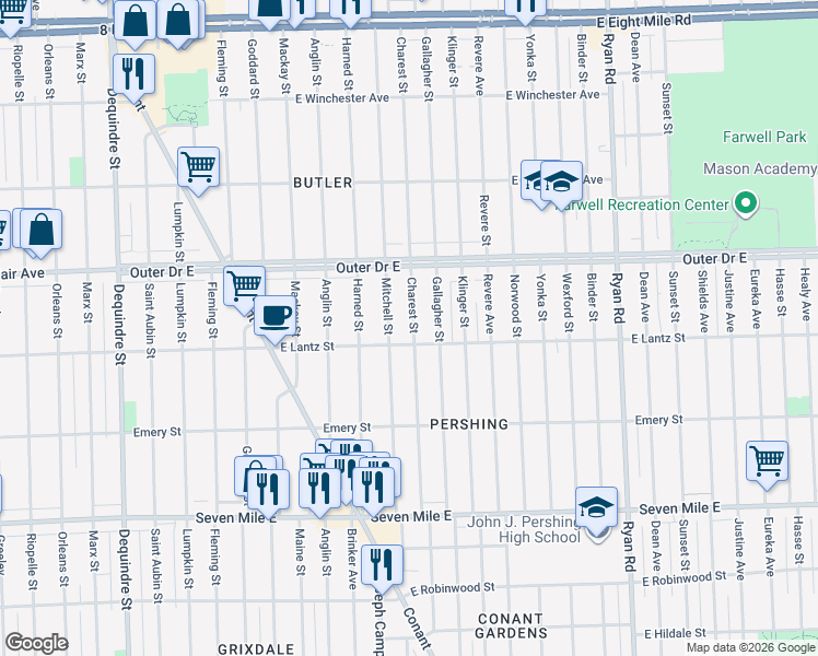 map of restaurants, bars, coffee shops, grocery stores, and more near 1962 Charest Street in Detroit