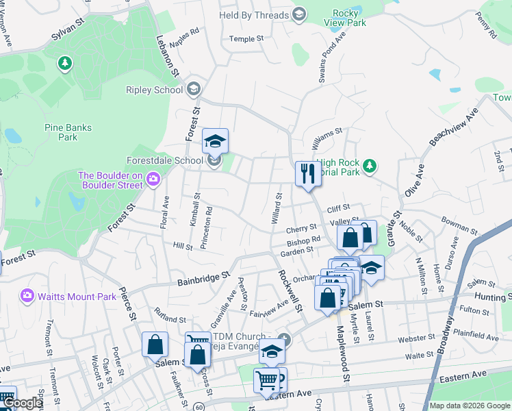 map of restaurants, bars, coffee shops, grocery stores, and more near 117 Cherry Street in Malden