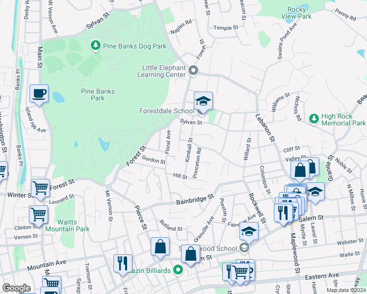 map of restaurants, bars, coffee shops, grocery stores, and more near 70 Kimball Street in Malden