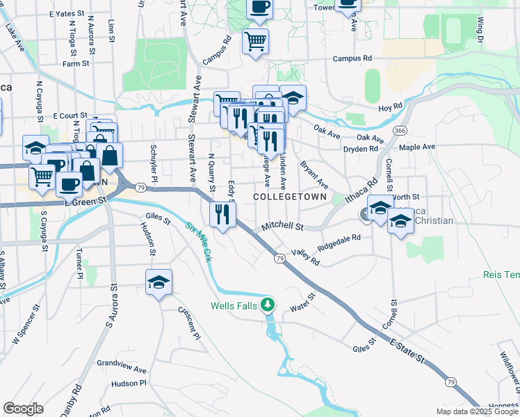 map of restaurants, bars, coffee shops, grocery stores, and more near 105 College Avenue in Ithaca