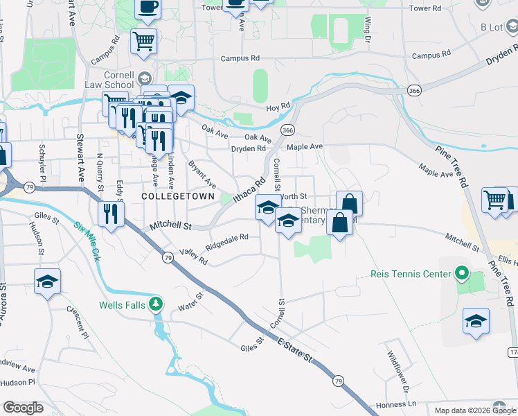 map of restaurants, bars, coffee shops, grocery stores, and more near 107 Elmwood Avenue in Ithaca