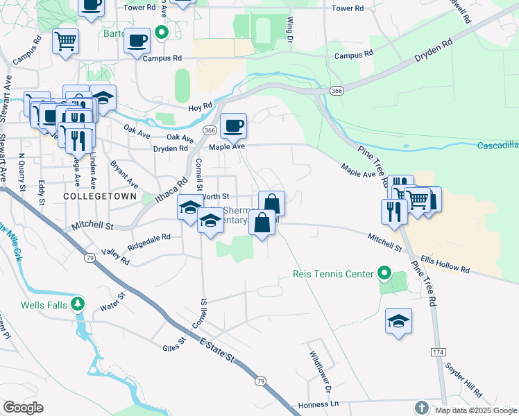 map of restaurants, bars, coffee shops, grocery stores, and more near Walnut Street in Ithaca