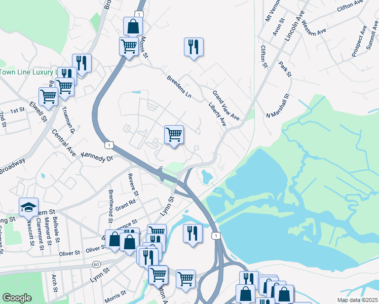 map of restaurants, bars, coffee shops, grocery stores, and more near 8 Overlook Ridge Drive in Revere