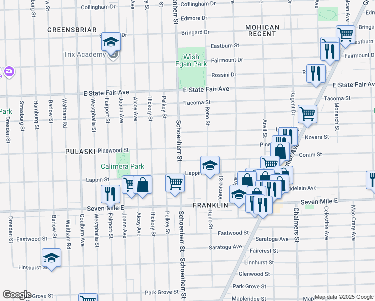 map of restaurants, bars, coffee shops, grocery stores, and more near 13627 Pfent Street in Detroit